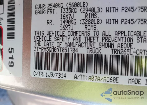 2022 Toyota Tacoma Sr z USA, uszkodzony, nr VIN 3TYRX5GN0NT051704